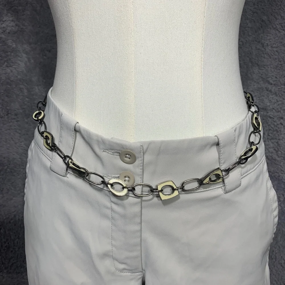 Vintage Silver‎ Tone Chain Belt with Cream Enamel Accents, Adjustable Link Chain